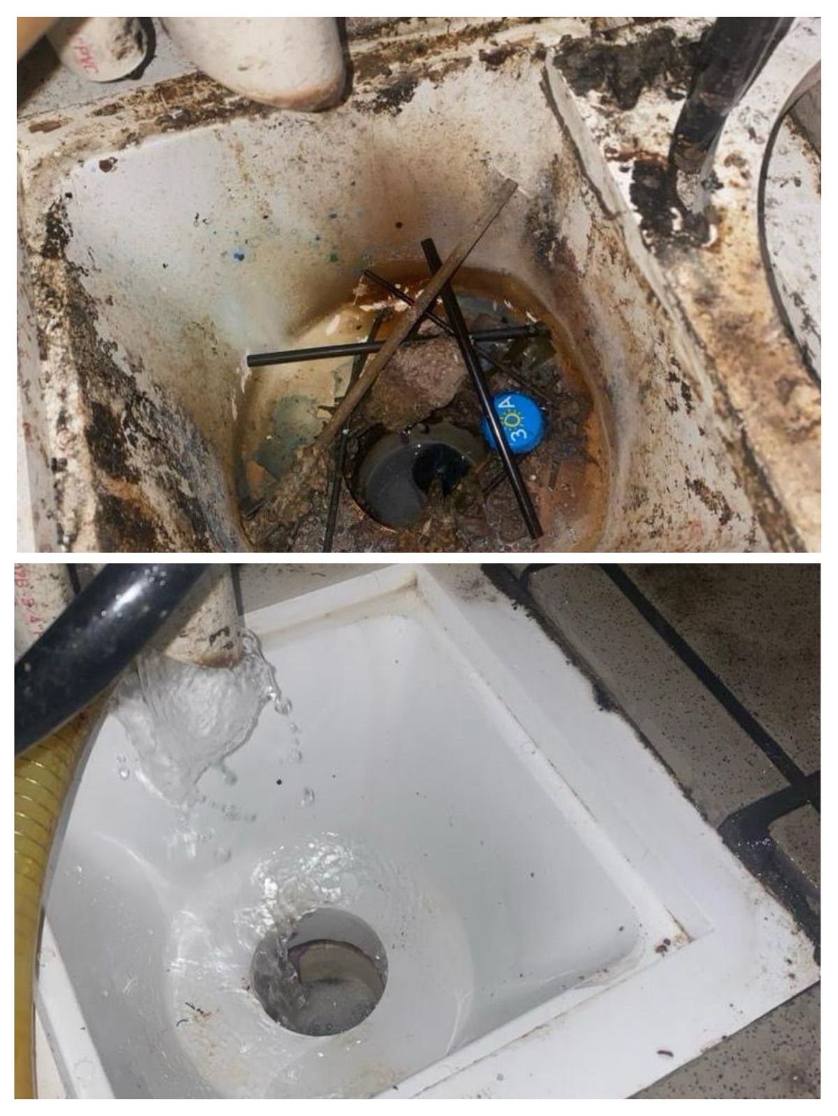 Restaurant floor sink before and after G&R service — packed with debris, then clean with water flowing