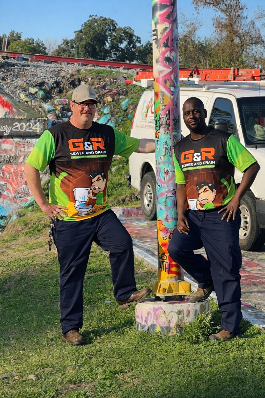 The two owners of G&R Sewer and Drain in team jerseys in front of their service van