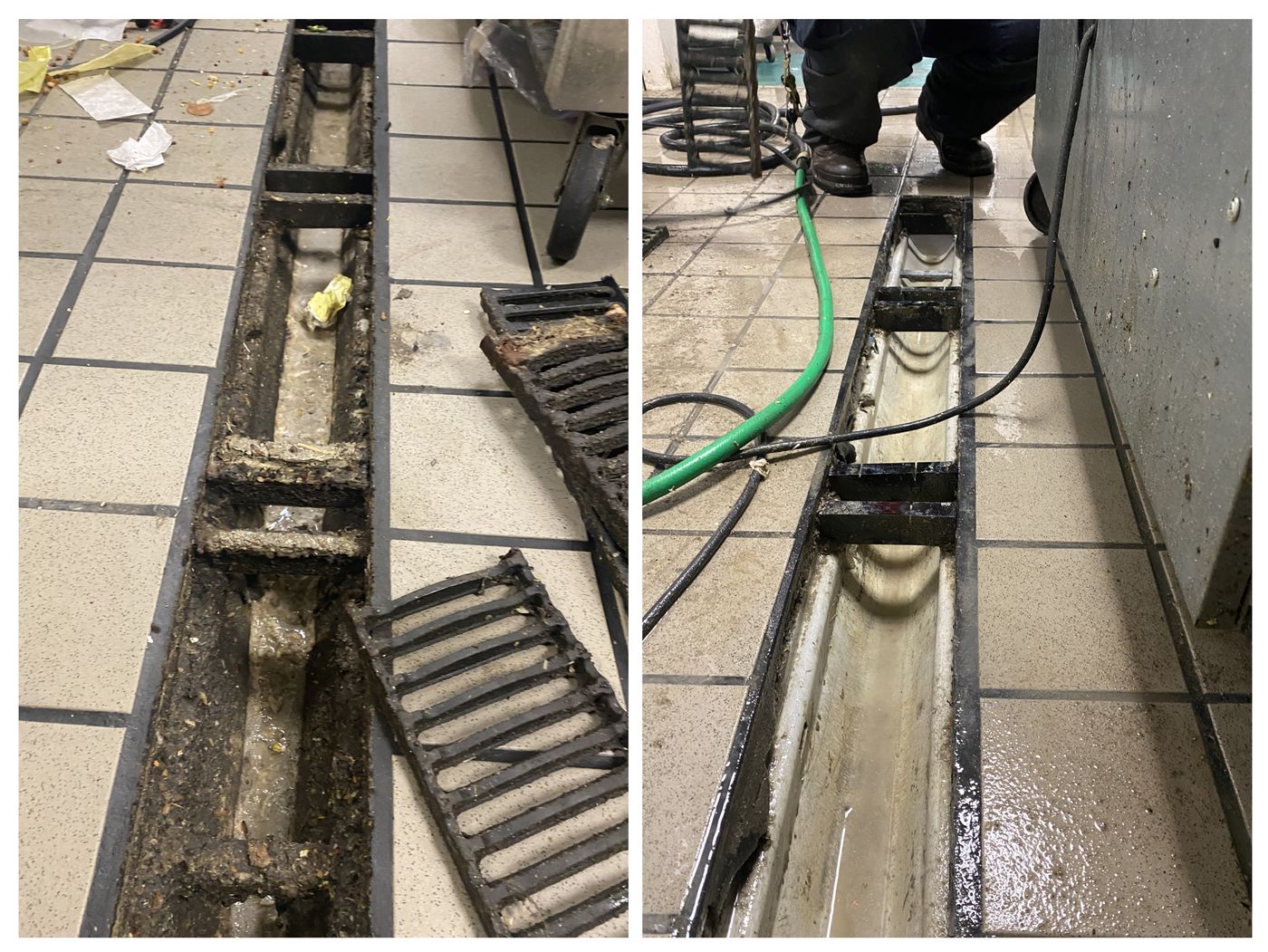 Restaurant trench drain before and after hydro jetting